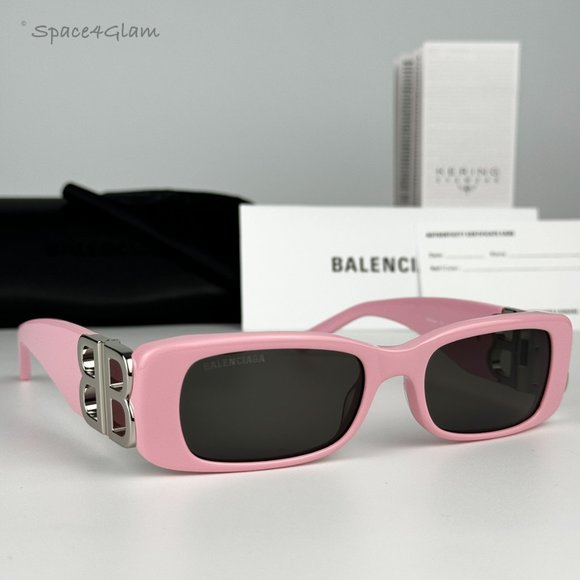 NEW Balenciaga BB0096S 012 Pink Silver Logo Grey Rectangle Unisex Sunglasses